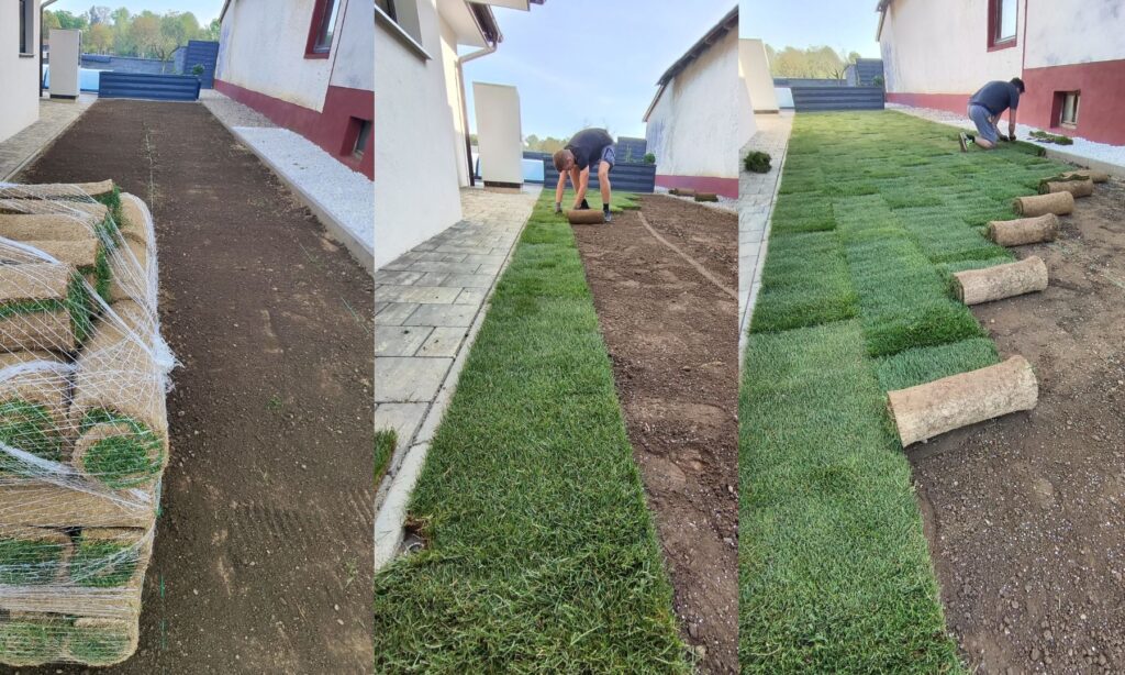 Postopek polaganja travne ruše: levo – paleta s travno rušo na pripravljeni površini, sredina – začetek polaganja, desno – skoraj v celoti položena travna ruša.
